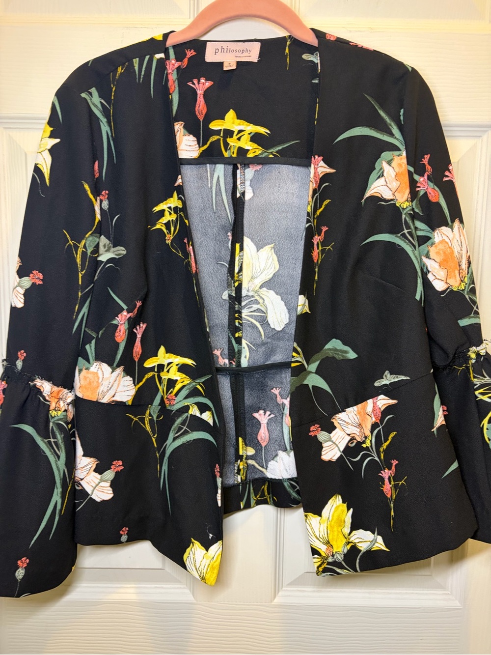 Philosophy Black Floral Open Blazer with Yellow & Pink Accents